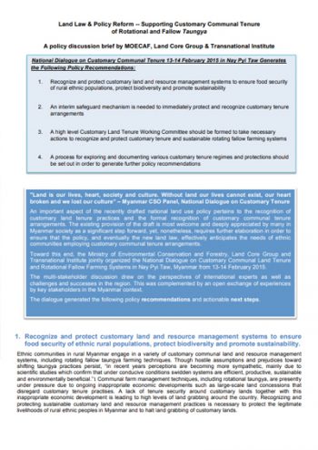 LAND LAW AND POLICY REFORM: SUPPORTING CUSTOMARY COMMUNAL TENURE OF ROTATIONAL AND FALLOW TAUNGYA