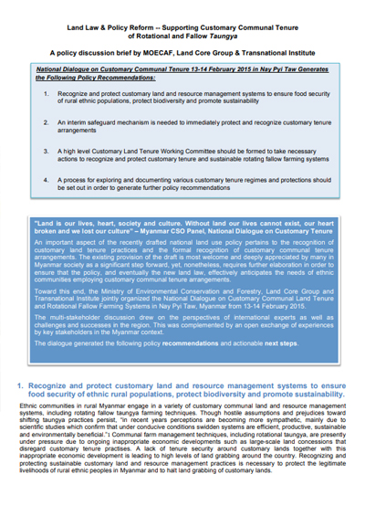 LAND LAW AND POLICY REFORM: SUPPORTING CUSTOMARY COMMUNAL TENURE OF ROTATIONAL AND FALLOW TAUNGYA